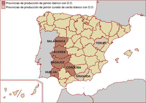 Mapa de producción de jamón ibérico y jamón curado de cerdo blanco con DO